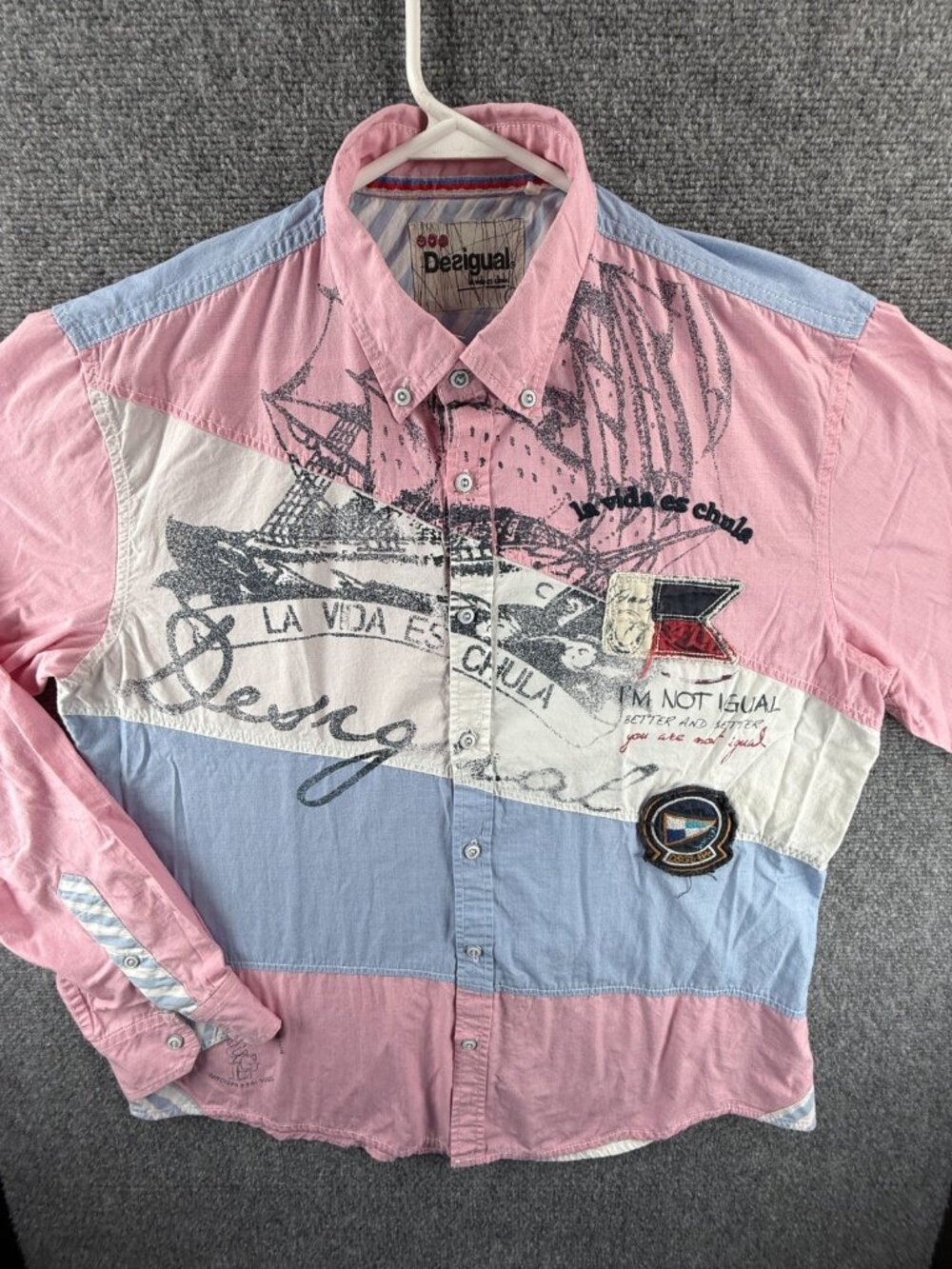 Desigual Blue Pink Graphic Print XL Slim Button-Down Cotton Blend Shirt 31C1244